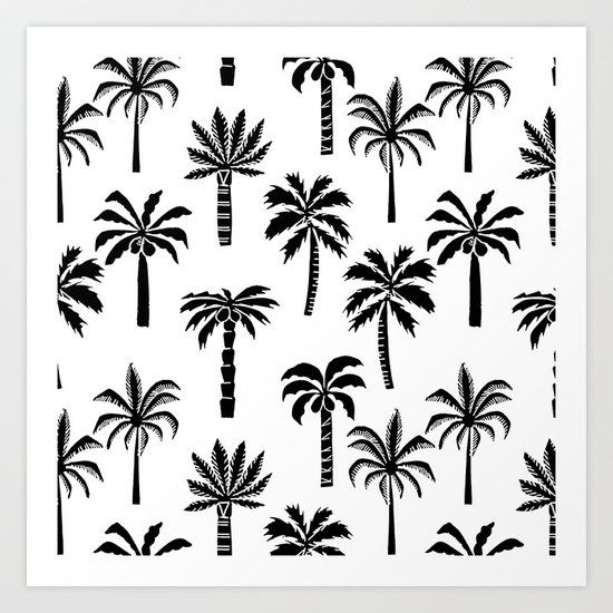 Palm Trees linocut black and white tropical summer art minimalist decor Art Print