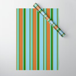 [ Thumbnail: Chocolate, Aquamarine, Sky Blue & Green Colored Stripes Pattern Wrapping Paper ]
