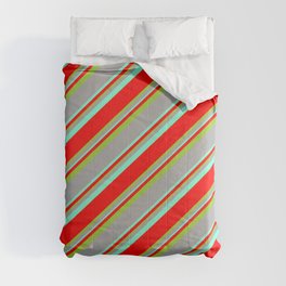 [ Thumbnail: Dark Gray, Aquamarine, Red & Green Colored Lines Pattern Comforter ]