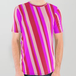 [ Thumbnail: Fuchsia, Crimson, and Pink Colored Striped/Lined Pattern All Over Graphic Tee ]