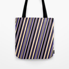 [ Thumbnail: Dark Slate Blue, Tan & Black Colored Pattern of Stripes Tote Bag ]
