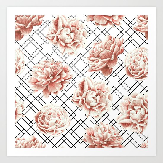 Rose Garden Vintage Rose Pink Cream White Mod Diamond Lattice Art Print