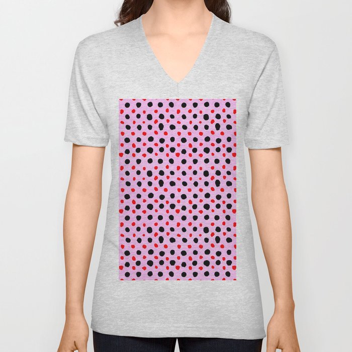 Watercolor Hand Drawn Pink And Black Polka Dot Pattern,Retro,Cute,Dotted,Polkadot, V Neck T Shirt