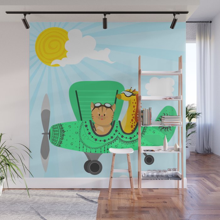A decorated airplane with a cat and a giraffe Wall Mural