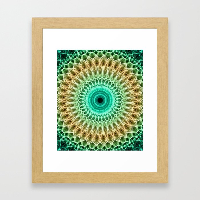 Mandala in green and golden tones. Framed Art Print