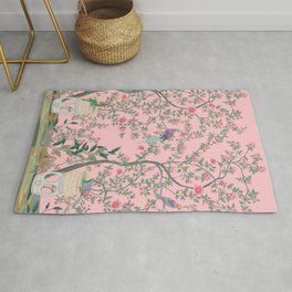 Chinoiserie Pink Fresco Floral Garden Birds Oriental Botanical Rug | Design, Watercolor, Style, Vintage, Flowers, Antique, Tropical, Trees, Chinoiserie, Garden 