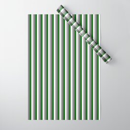 [ Thumbnail: Dim Gray, Dark Grey, White, and Dark Green Colored Pattern of Stripes Wrapping Paper ]