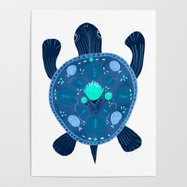 Folk Art River Turtle | Turquoise  Poster