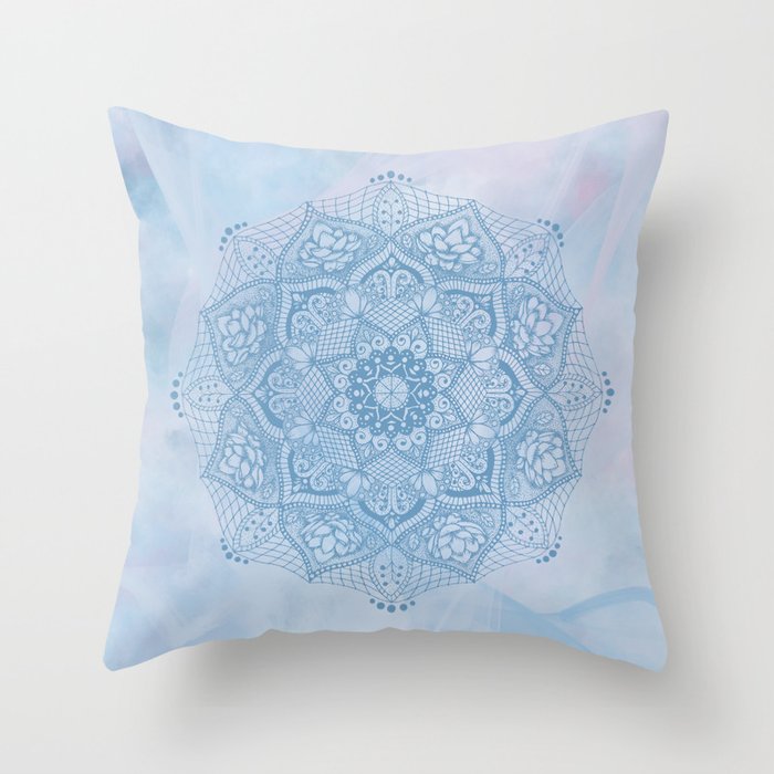 Blue Lotus Flower Mandala on Blue & Pink Fantasy Background Throw Pillow