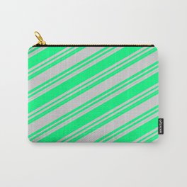 [ Thumbnail: Green and Light Gray Colored Striped Pattern Carry-All Pouch ]