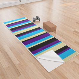 [ Thumbnail: Deep Sky Blue, Indigo, Black, and Pale Goldenrod Colored Pattern of Stripes Yoga Towel ]