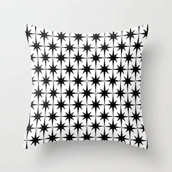 Midcentury Modern Atomic Starburst Pattern in Black and White Throw Pillow