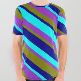 [ Thumbnail: Aqua, Dark Orchid, Green, and Dark Blue Colored Stripes/Lines Pattern All Over Graphic Tee ]
