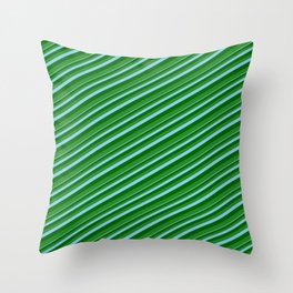 [ Thumbnail: Sky Blue, Dark Green, and Forest Green Colored Lined Pattern Throw Pillow ]