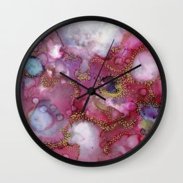 Liquid Treasure Chest Wall Clock | White, Gems, Red, Gold, Alcoholink, Abstract, Ink, Fluid, Pink, Blue 