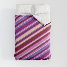 [ Thumbnail: Eyecatching Purple, Orchid, Tan, Slate Blue & Maroon Colored Lined Pattern Comforter ]