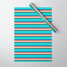 [ Thumbnail: Vibrant Dark Turquoise, Midnight Blue, Dark Salmon, Tan, and Black Colored Lines/Stripes Pattern Wrapping Paper ]