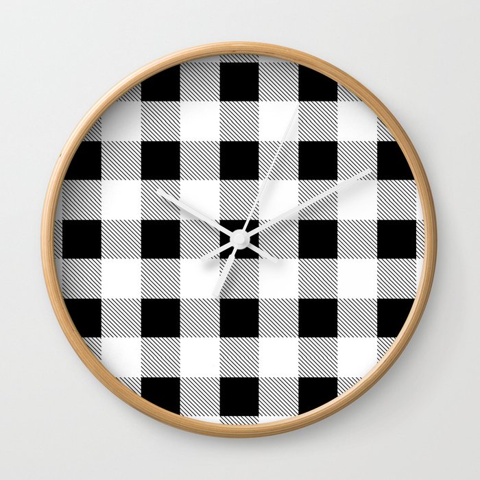 western country french farmhouse black and white plaid tartan gingham print Wall Clock