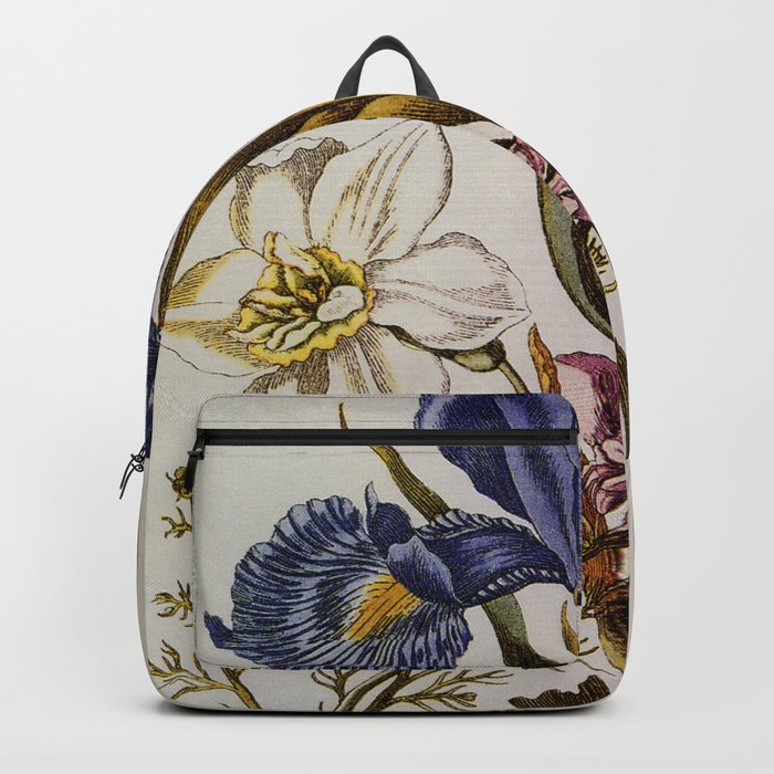  Antique blue English Iris, pink Delphinium, white Narcissus 1680   Backpack