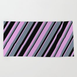 [ Thumbnail: Plum, Slate Gray, and Black Colored Lines Pattern Beach Towel ]