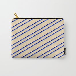 [ Thumbnail: Tan, Blue, and Cornflower Blue Colored Lines Pattern Carry-All Pouch ]