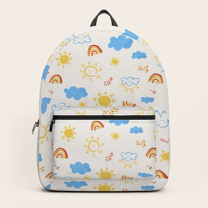 Happy sky pattern for kids with smiling suns clouds and rainbows
