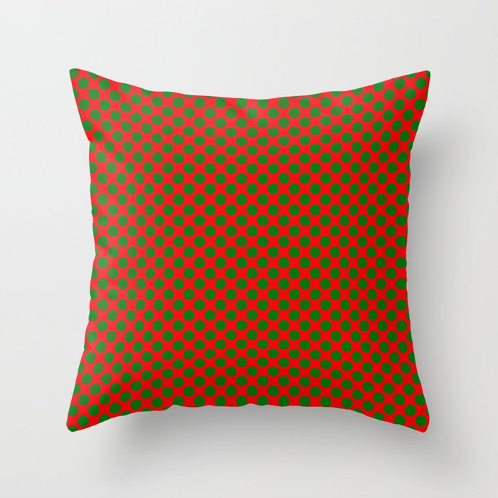 Large Green Polka Dot Spots on Christmas Red Throw Pillow