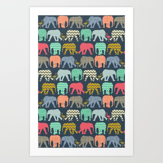 baby elephants and flamingos Art Print