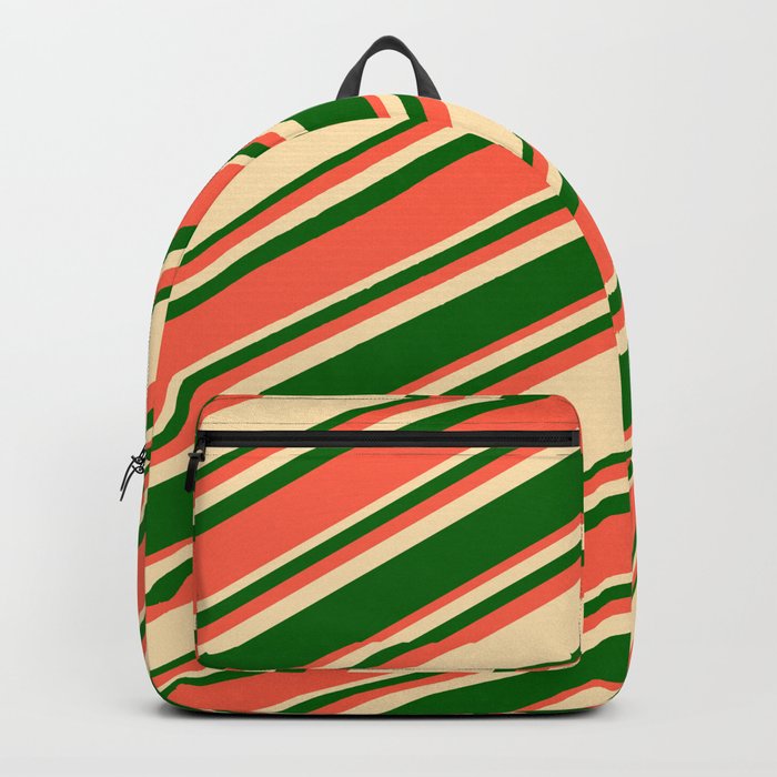 Beige, Dark Green & Red Colored Lined Pattern Backpack