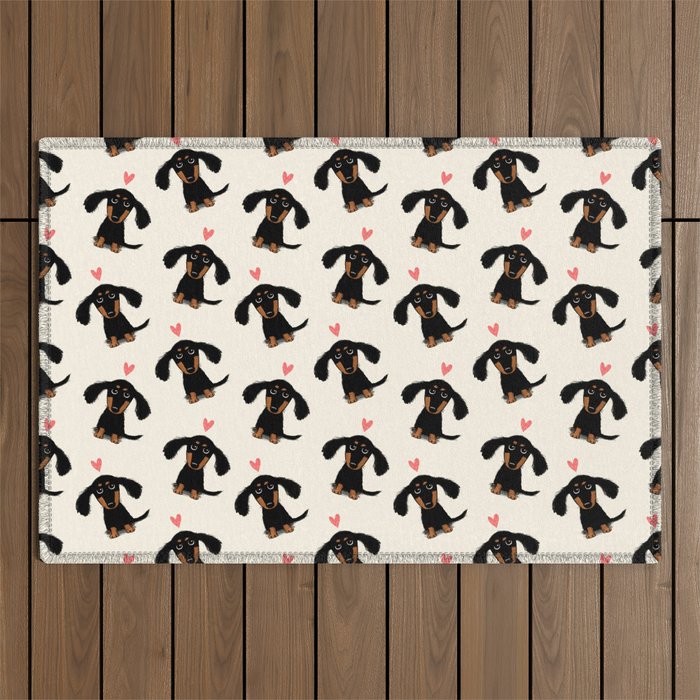 Dachshund Love | Cute Longhaired Black and Tan Wiener Dog Outdoor Rug