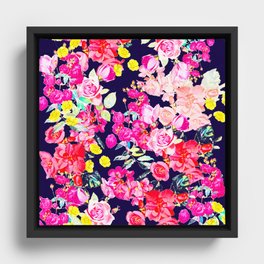 Summer Bright Antique Floral Print with Hot Pink, Yellow, and Navy V2 Framed Canvas