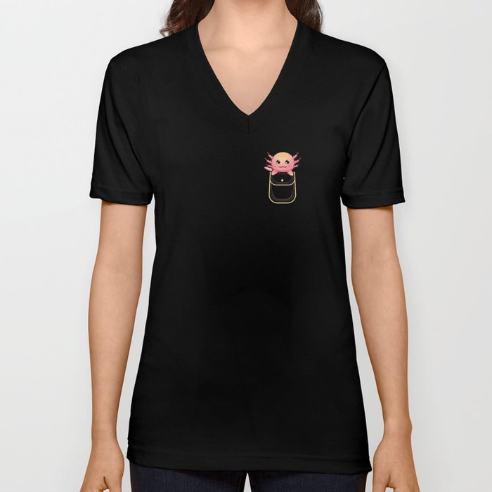 Kawaii Cute Axolotl In Pocket V Neck T Shirt