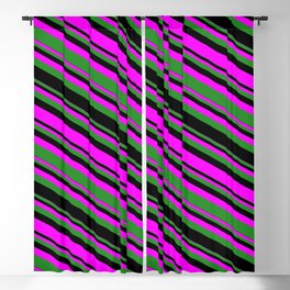 [ Thumbnail: Fuchsia, Forest Green & Black Colored Lines/Stripes Pattern Blackout Curtain ]