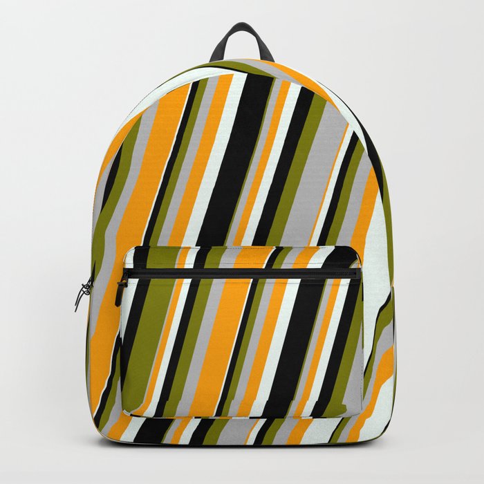 Vibrant Green, Grey, Orange, Mint Cream, and Black Colored Lined/Striped Pattern Backpack