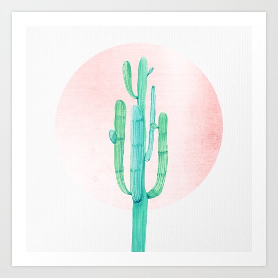 Desert Cactus Green with Rose Gold Sun Art Print