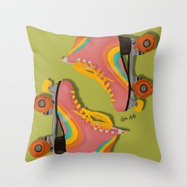 Rainbow roller-skates pink- green background Throw Pillow