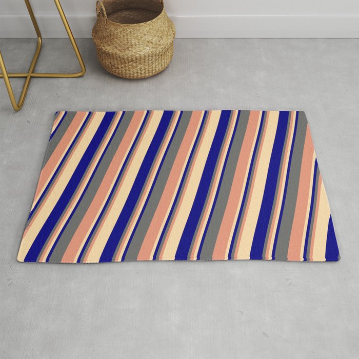 Dim Gray, Dark Salmon, Tan & Blue Colored Lined/Striped Pattern Rug