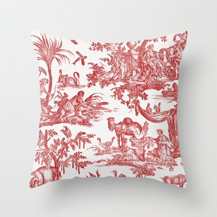 Red and White Antique French Toile Chinoiserie Throw Pillow