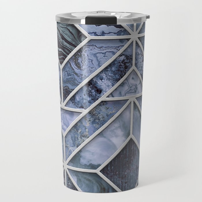 Arctic Blue Art Deco Inspired Gemstone Marble Stained Glass Design Travel Mug