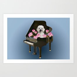 Piano with Poodle Dog and Lotus Flower Art Print
