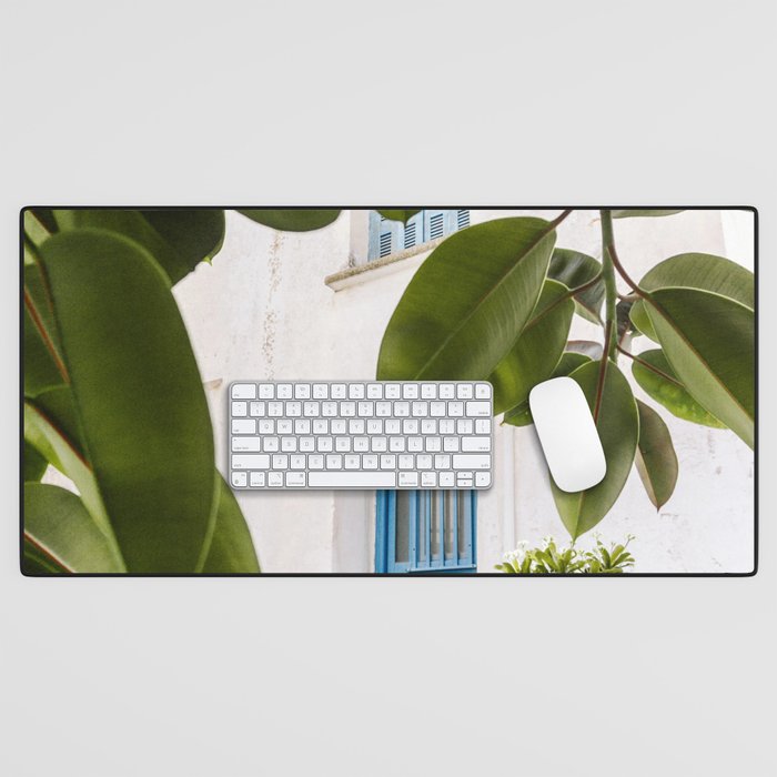 Colorful Greek Street | Potted Plants and Blue Doors in the Old Town on Naxos, Greece, Europe Desk Mat