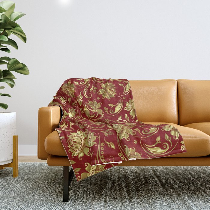 Shiny gold and burgundy red floral damasks pattern Throw Blanket