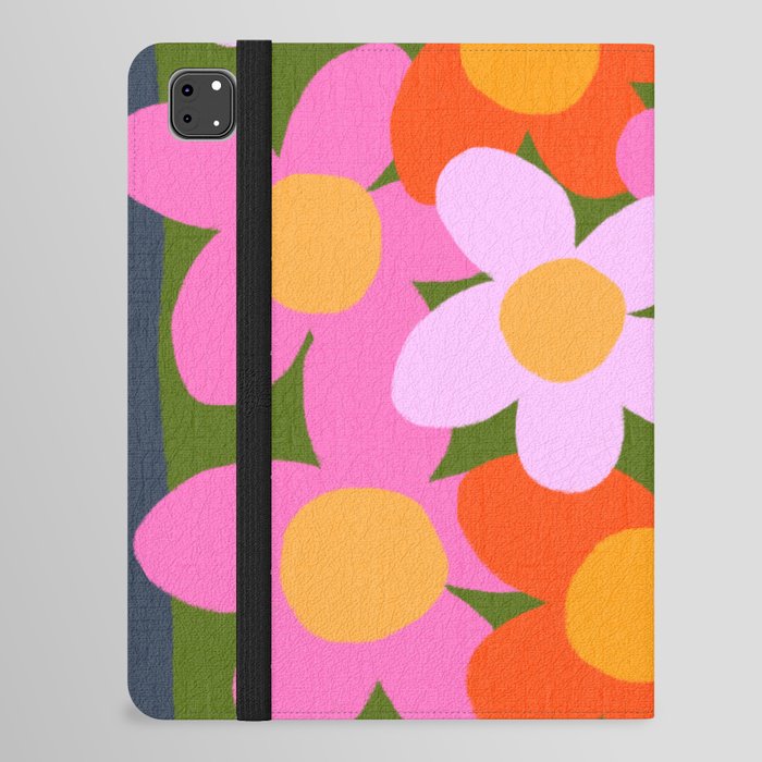 Cheerful Spring Flowers 70’s Retro Green on Navy Blue iPad Folio Case
