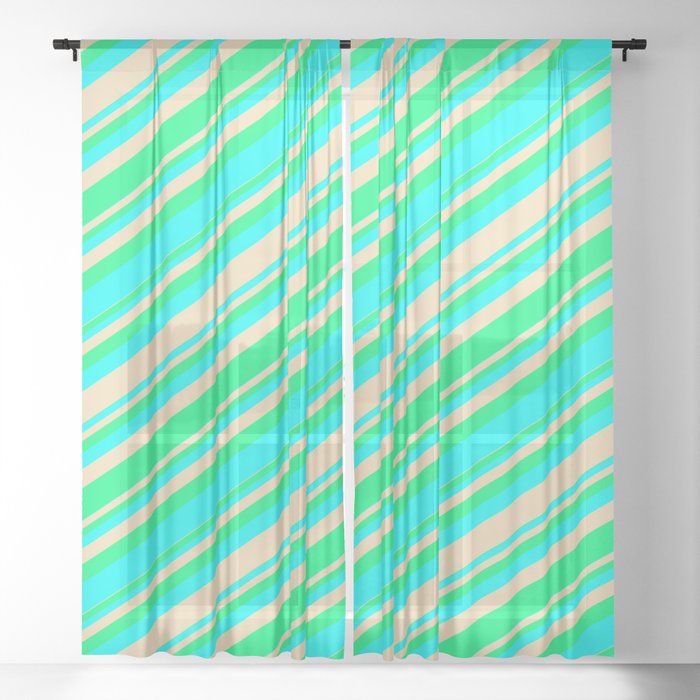 Green, Aqua, and Tan Colored Stripes/Lines Pattern Sheer Curtain