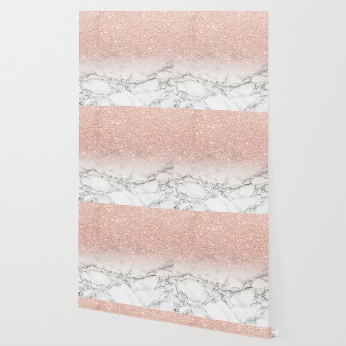 Modern Faux Rose Gold Pink Glitter Ombre White Marble Wallpaper By