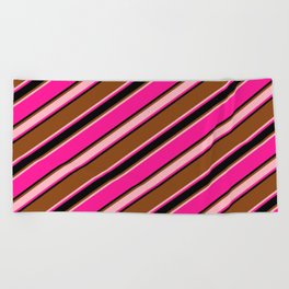 [ Thumbnail: Brown, Light Pink, Deep Pink & Black Colored Stripes/Lines Pattern Beach Towel ]