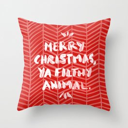 Merry Christmas, Ya Filthy Animal – Red Throw Pillow | Drawing, Curated, Holiday, Typography, Vintage, Vector, Handtype, Funny, Handlettering, Music 