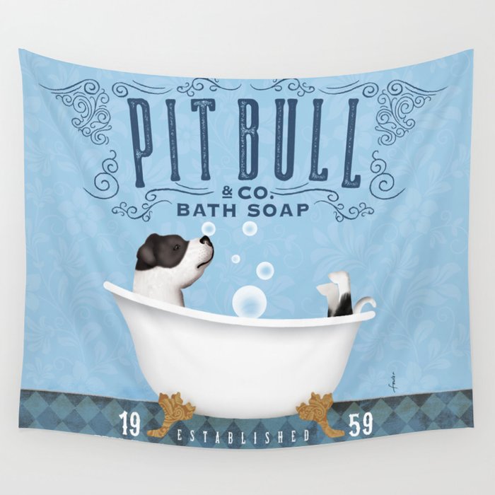 Pitbull pit bull pitties dog bath tub clawfoot bubble bath soap wash your pits  Wall Tapestry