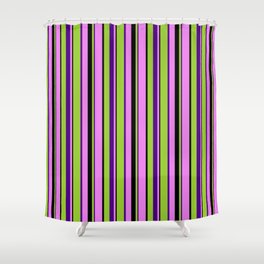 [ Thumbnail: Green, Indigo, Violet, and Black Colored Lines/Stripes Pattern Shower Curtain ]