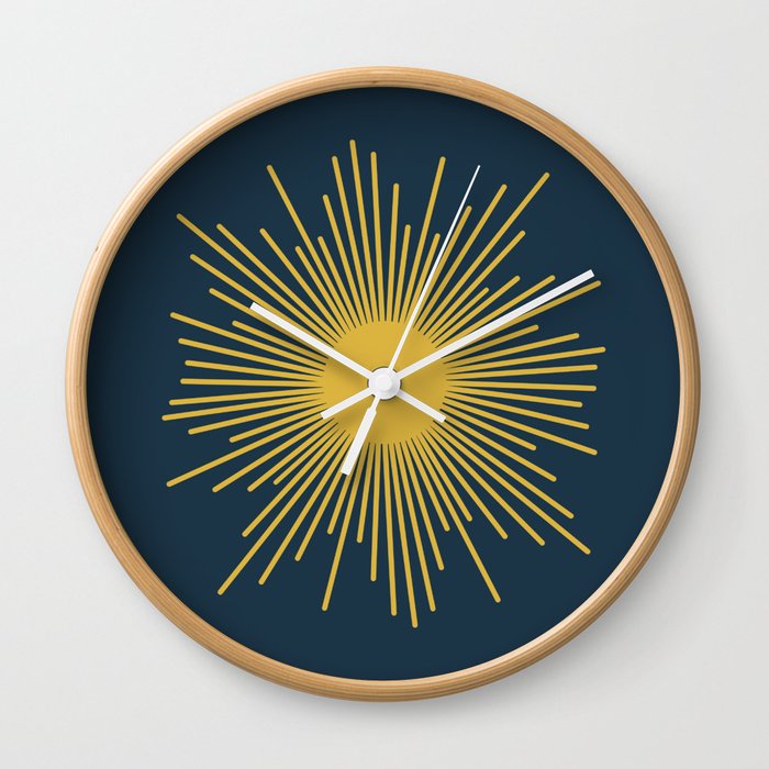 Sunburst - Minimalist Mid Century Modern Sun in Navy Blue and Light Mustard Yellow Wall Clock